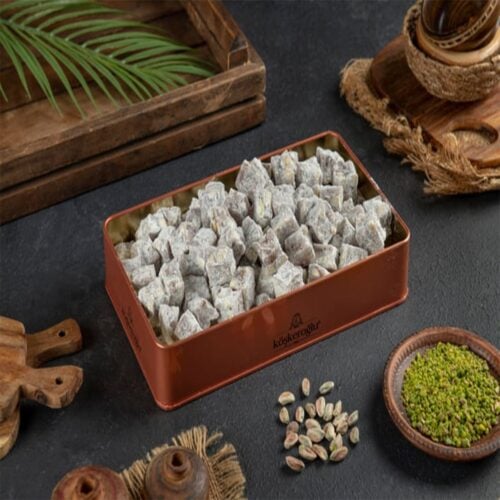 Koskeroglu double roasted turkish delight with pistachio metal box 600 gr (21. 16oz)