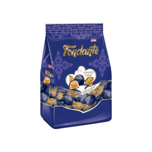 Fondante milk chocolate coated milky fondant with caramel filling