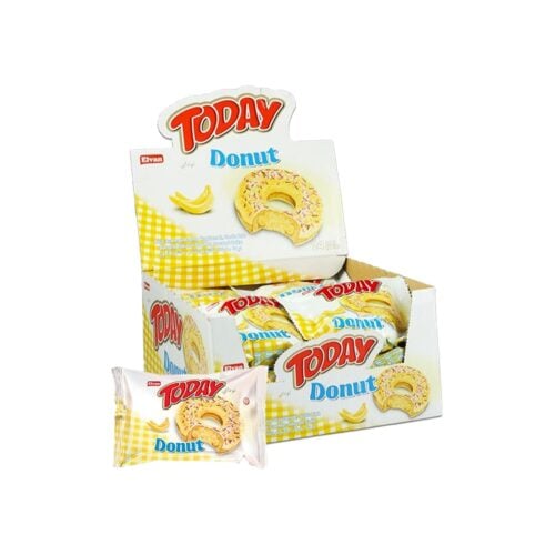 Elvan Today Donut Banana Flavored Chocolate Coated Cake with Banana Sauce in Box 35 gr (1.23oz) – 24 Pieces