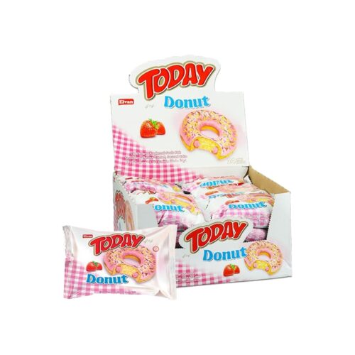 Elvan today donut strawberry flavored chocolate coated cake with strawberry sauce in box 35 gr (1. 23oz) - 24 pieces
