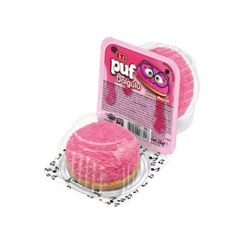 Eti puf red fruit granule-coated marshmallow biscuit with red fruit sauce filling 20 gr (0. 70oz)