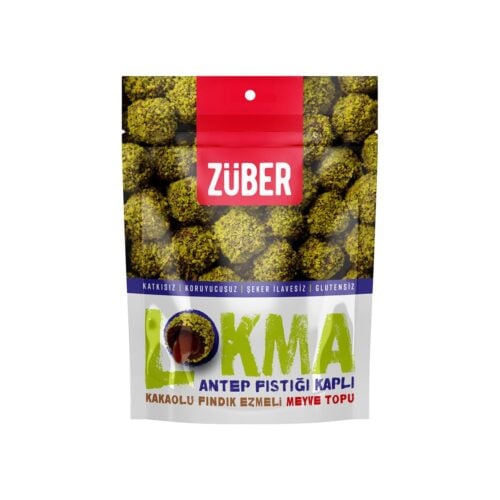 Zuber lokma pistachio coated fruit ball with cocoa hazelnut paste 96 gr (3. 38oz)