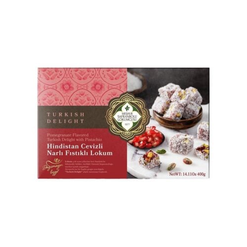 Coconut covered pomegranate flavored turkish delight with pistachio safranbolu lokumcusu