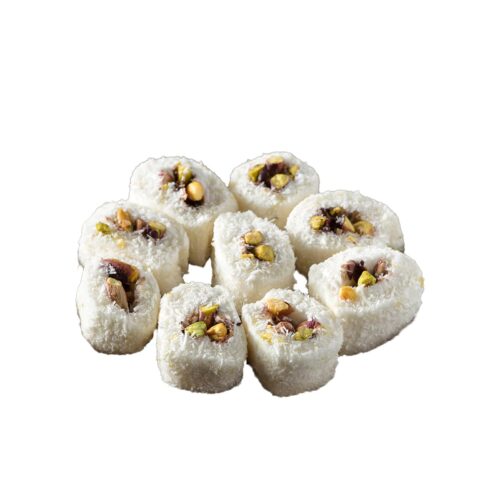 Coconut covered sultan turkish delight with pistachio safranbolu lokumcusu