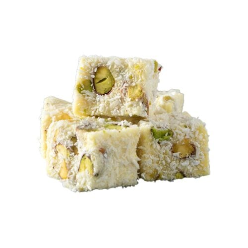 Coconut covered turkish delight with saffron and pistachio safranbolu lokumcusu