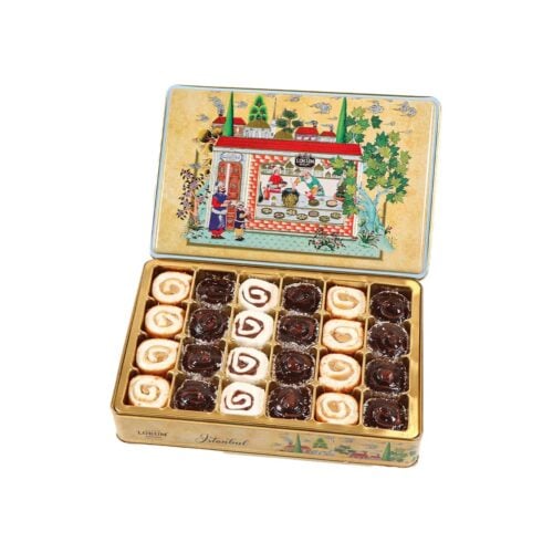 Assorted turkish delight roll in metal box lokum atolyesi 700 gr (24. 69oz)