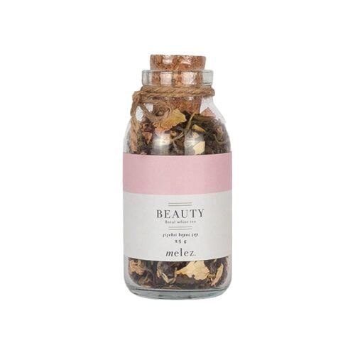 Beauty white tea with mixed flowers in glass bottle melez tea 25 gr (0. 88oz)