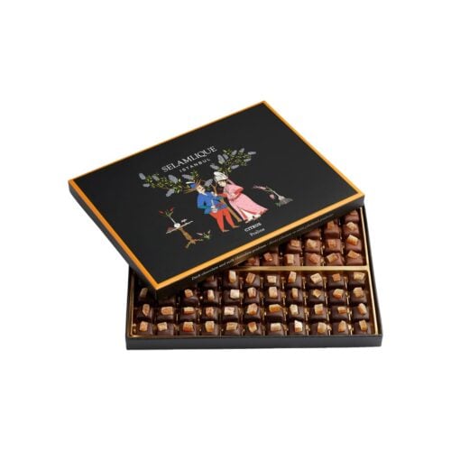 Bitter and milk chocolate pralines with citrus in box selamlique