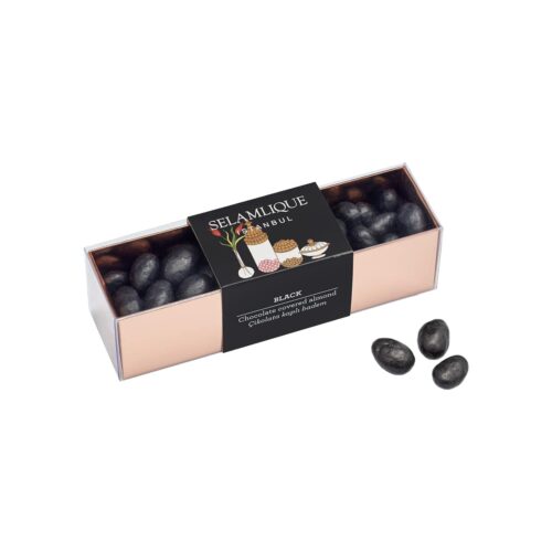 Dark chocolate covered almond dragee in box selamlique 250 gr (8. 82oz)