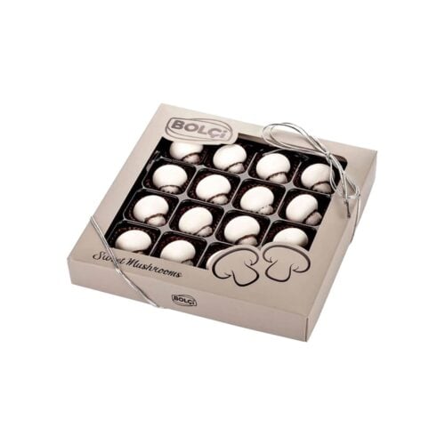 Mushroom dragee with chocolate filling in box bolci chocolate