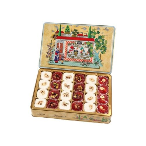 Pomegranate Flavored and Sultan Turkish Delight with Mixed Nuts in Metal Box Lokum Atolyesi 800 gr (28.21oz)