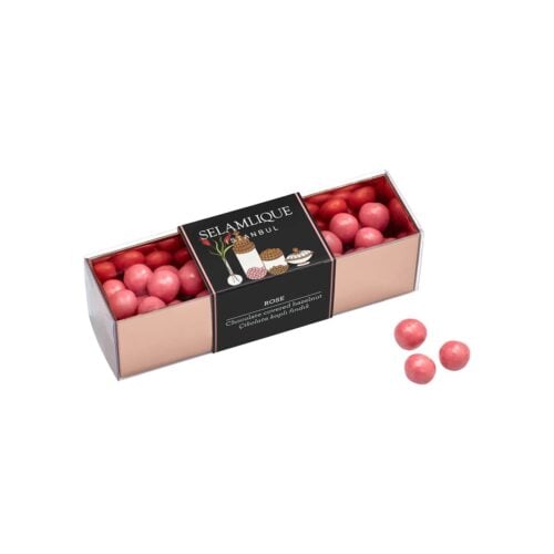 Rose flavored chocolate covered hazelnut dragee in box selamlique 200 gr (7. 05oz)