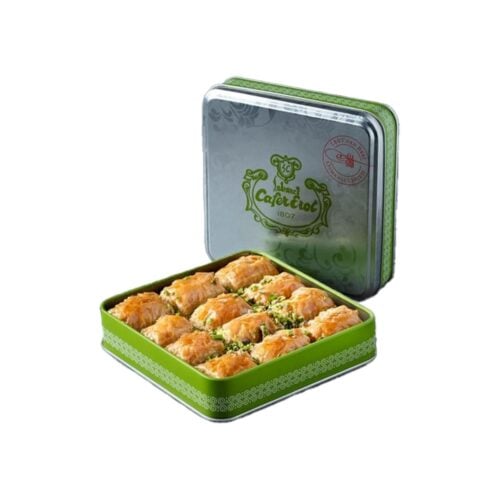 Turkish baklava with butter and pistachio in metal box sekerci cafer erol 600 gr (21. 16oz)