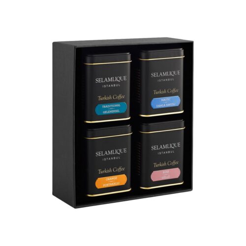 Turkish coffee set with mixed flavor in metal box selamlique 500 gr (17. 64oz)