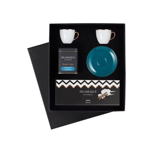 Turquoise Coffee Set with Turkish Coffee and Mixed Delicacy in Box Selamlique