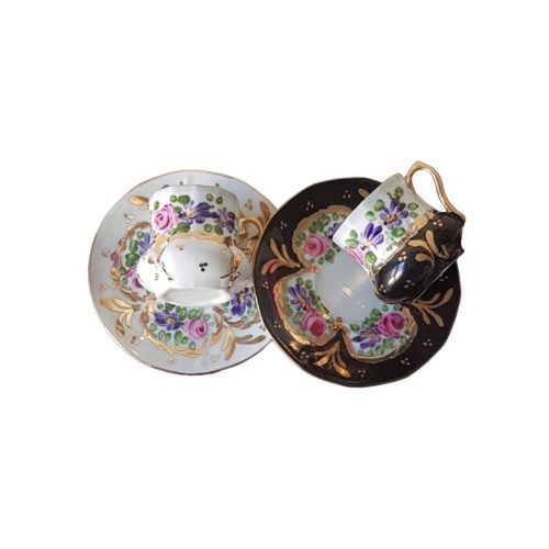 Porselen El Dekor Black and White Saray Hand-Painted Porcelain Golden Coffee Serving Set 2 Pieces