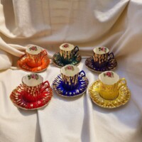 Porselen El Dekor Candle Colorful Hand-Painted Porcelain Golden Coffee Serving Set 6 Pieces