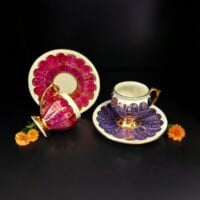 Porselen El Dekor Pink and Purple Kosem Hand-Painted Porcelain Golden Coffee Serving Set 2 Pieces