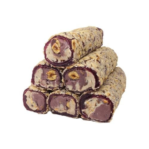 Hazelnut coated turkish delight with hazelnut and blackberry cream filling