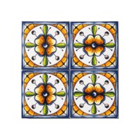 Talavera Patterned 10x10 cm Mexican Style Porcelain Tile Set (ics134) Ikbal Porselen - 4 Pieces