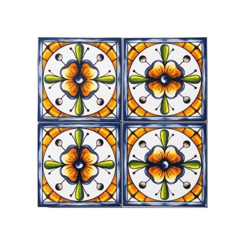 Talavera Patterned 10x10 cm Mexican Style Porcelain Tile Set (ics134) Ikbal Porselen - 4 Pieces