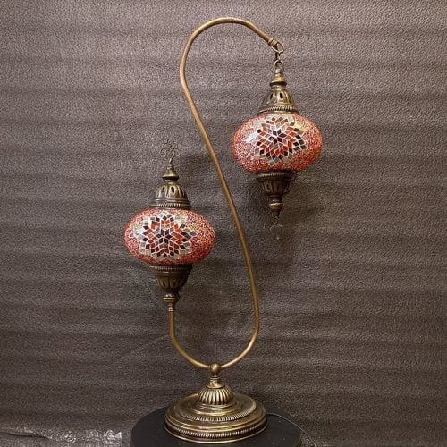 Double shade red mosaic turkish filigree table lamp